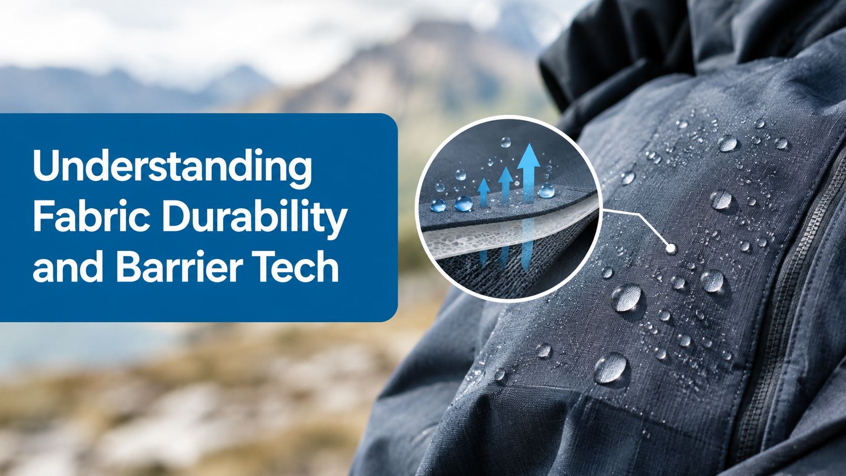 A close-up view of a waterproof fabric jacket featuring a technical diagram showing moisture permeability.