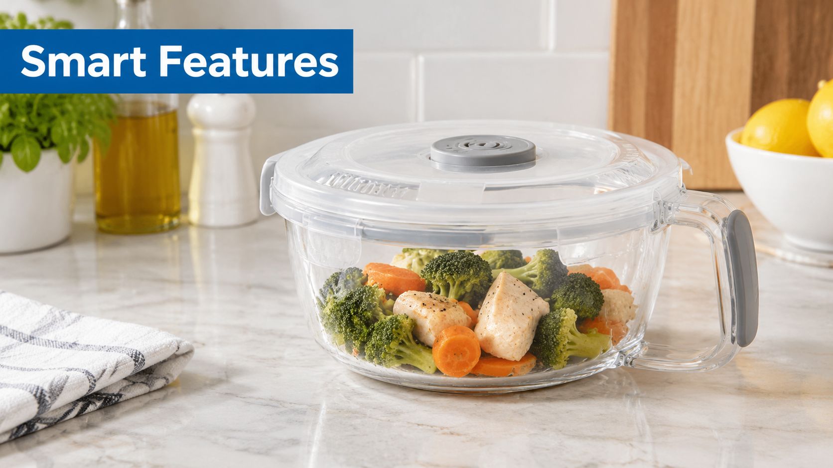 A clear glass microwave bowl with a lid containing cooked broccoli, carrots, and chicken pieces.
