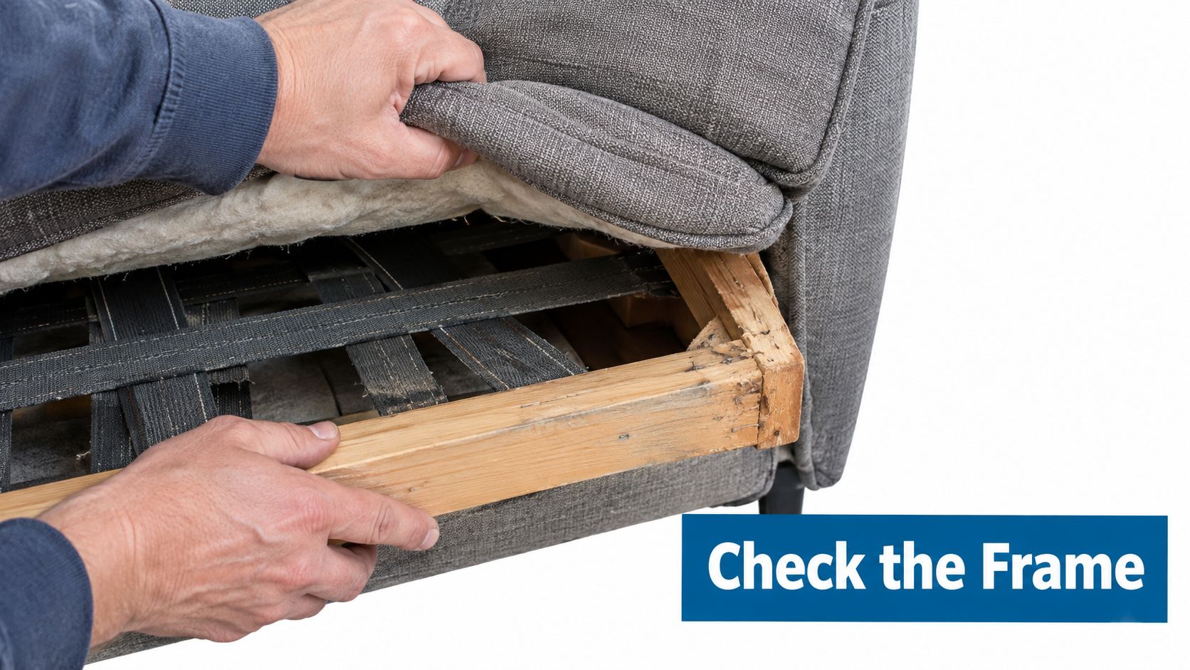 A pair of hands lifting the fabric of a sofa to inspect the internal wooden support frame.
