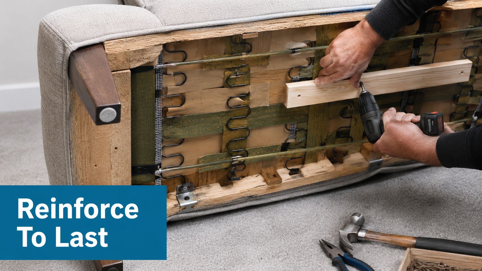 A person reinforcing a sagging couch frame by screwing a new wooden support beam into the base.