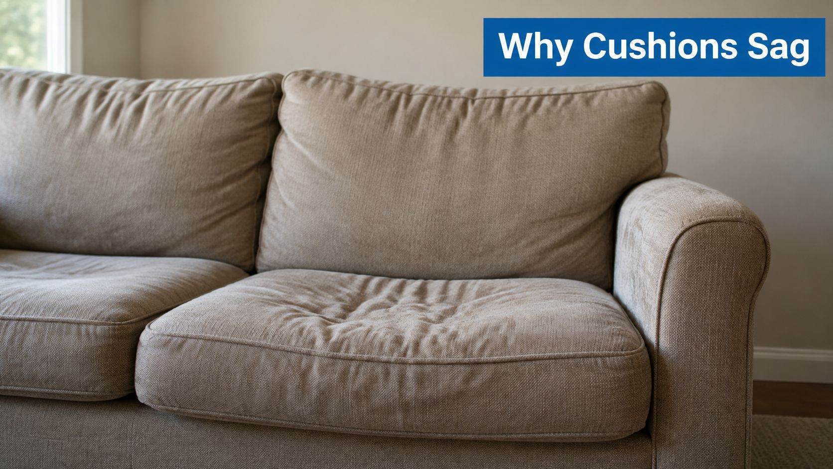 A beige fabric sofa with a noticeably saggy and wrinkled seat cushion in a bright living room.