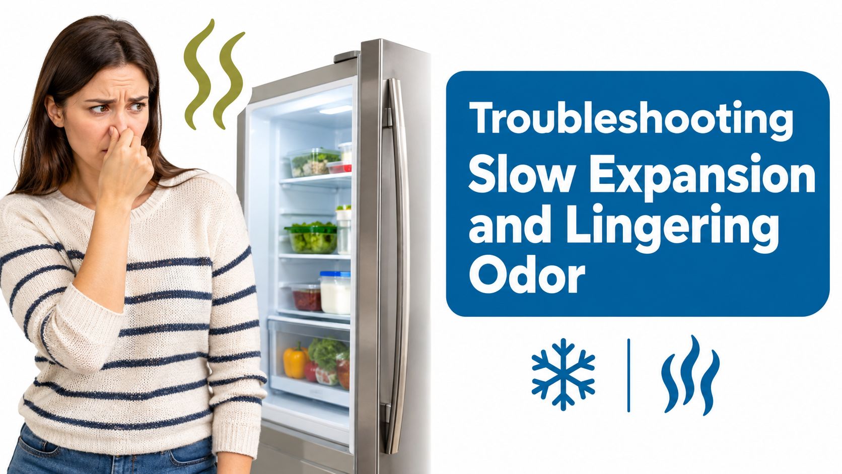 A concerned woman holding her nose while standing next to a refrigerator with an unpleasant odor.