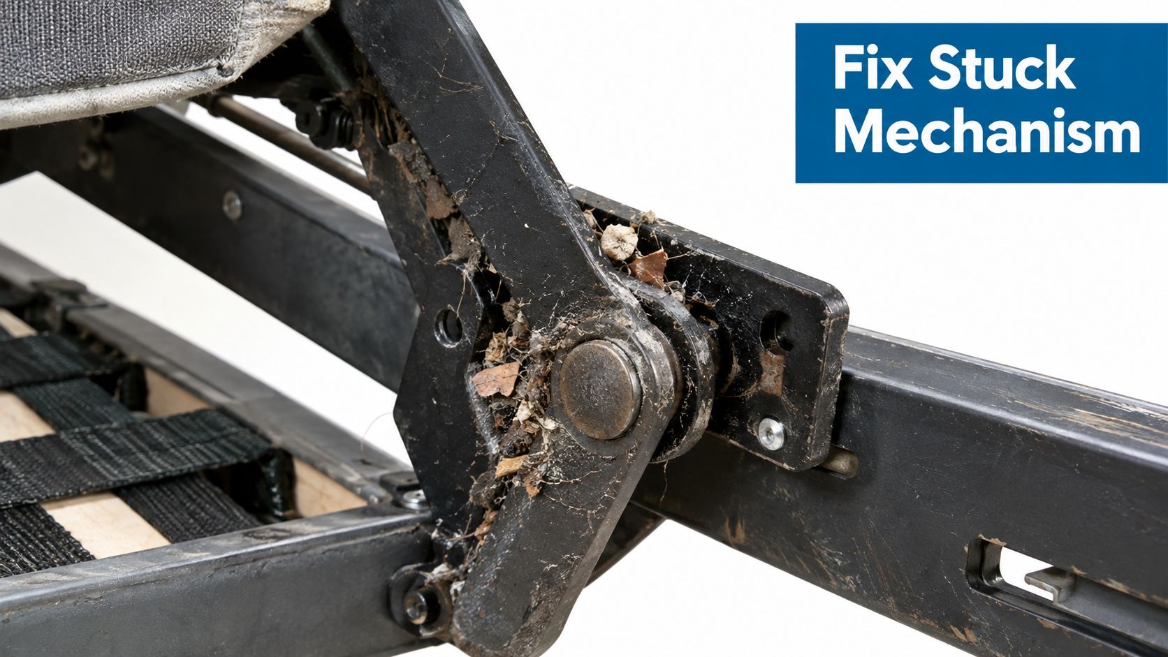 A close-up view of a dirty, rusted metal hinge mechanism on a foldable sofa bed frame.