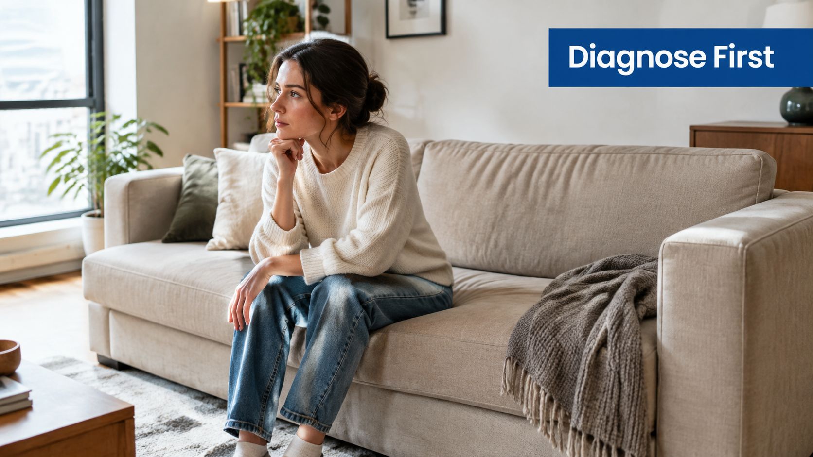 A pensive young woman sits comfortably on a modern light-colored sofa in a bright, cozy living room.