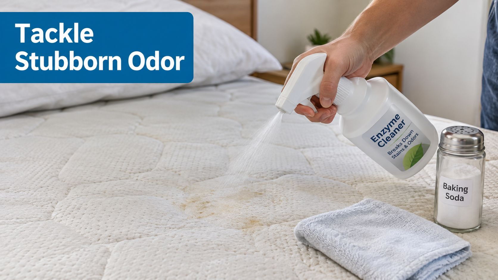 A hand spraying enzyme cleaner onto a stained mattress with baking soda nearby to remove odor.