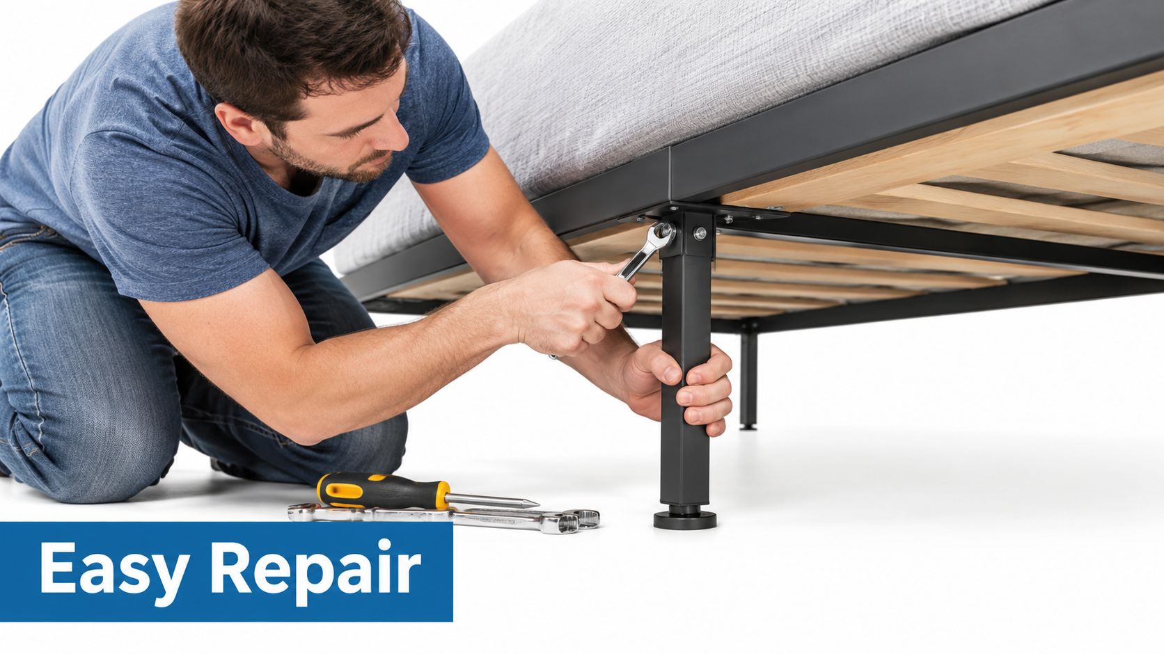 A man in a blue shirt repairs a queen size metal bed frame using a wrench.
