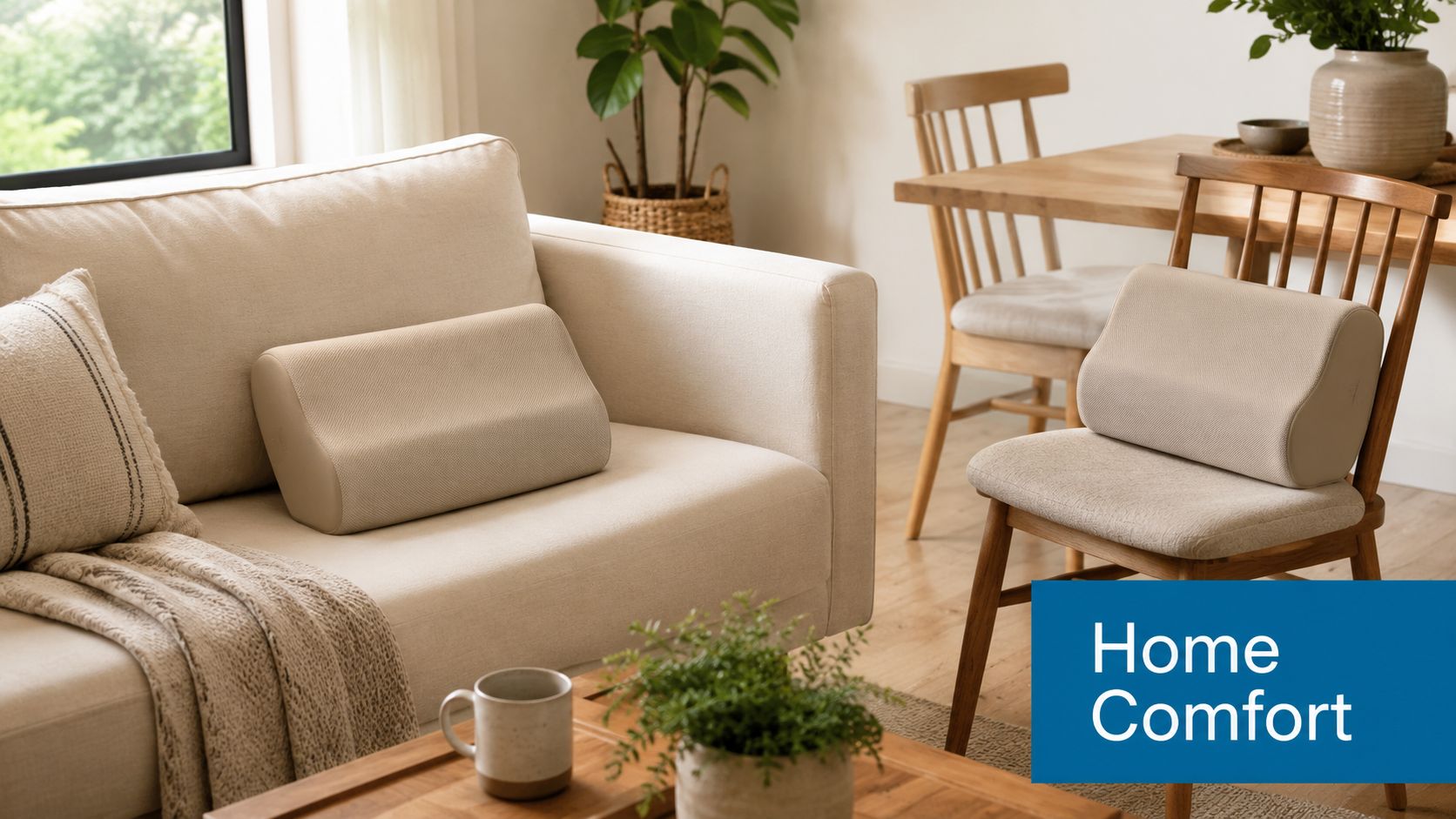 A beige memory foam lumbar support cushion placed on a modern sofa and a wooden dining chair.