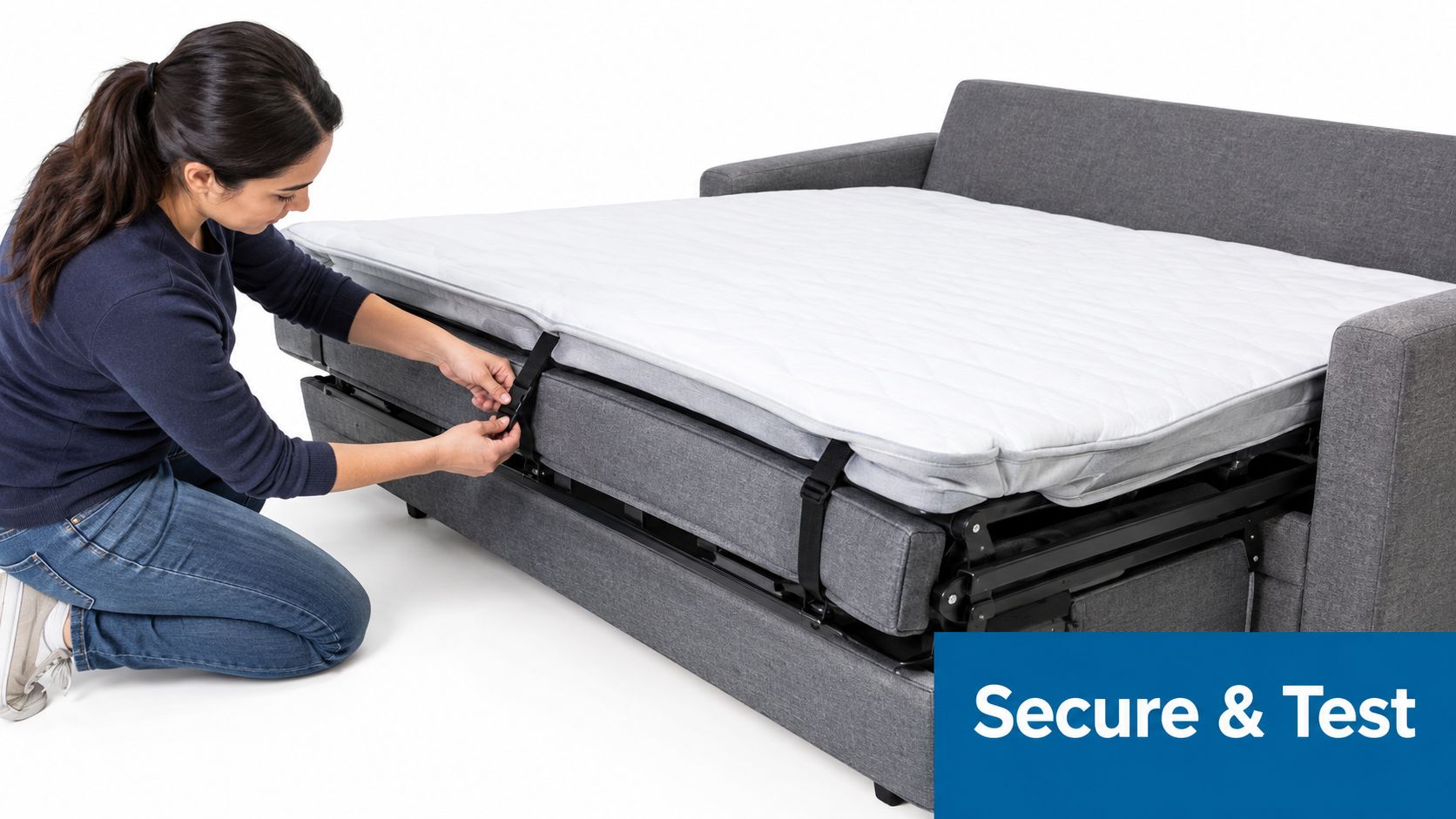 A woman kneeling down while securing a mattress topper strap onto a gray sofa bed frame.