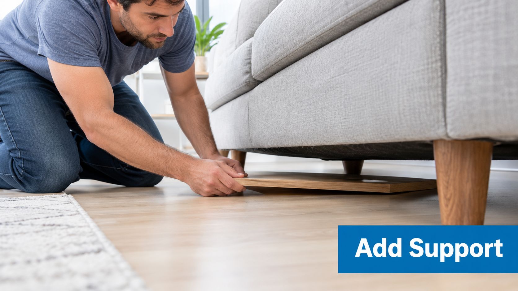 A man carefully slides a wooden support board under a sagging couch to provide extra stability.