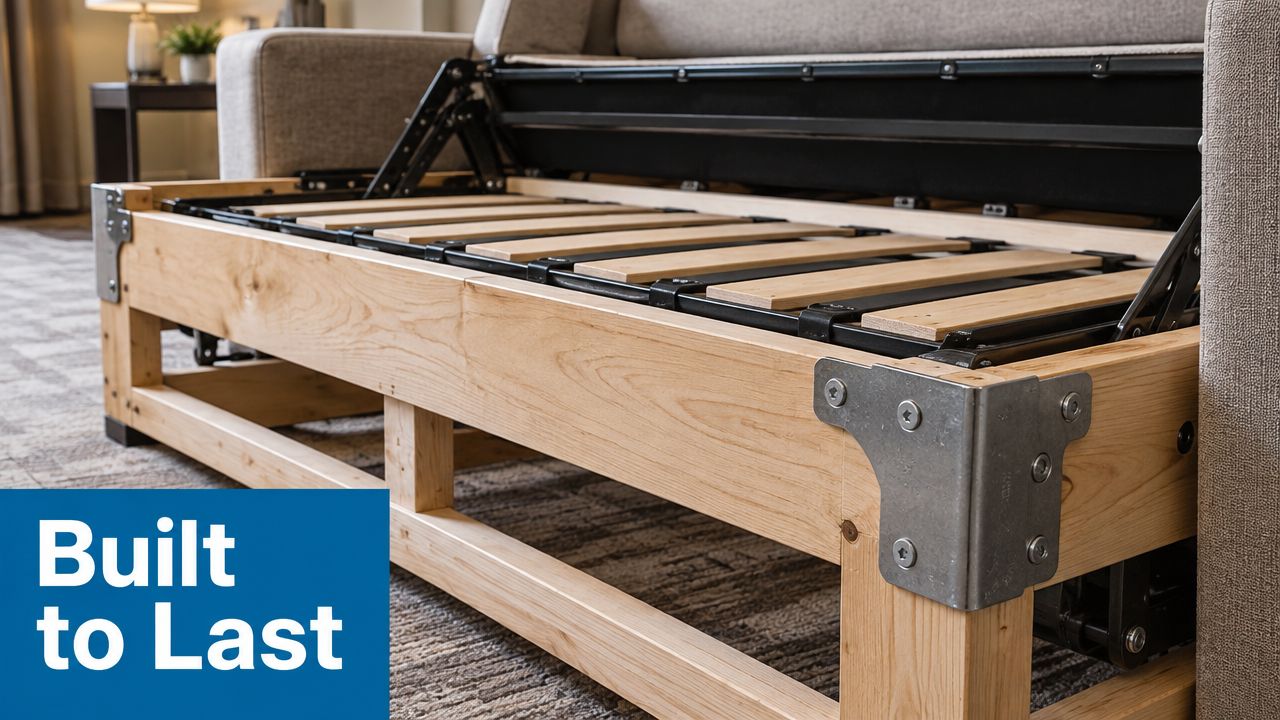 A close-up view of the sturdy wooden frame construction inside an open hotel sleeper sofa.