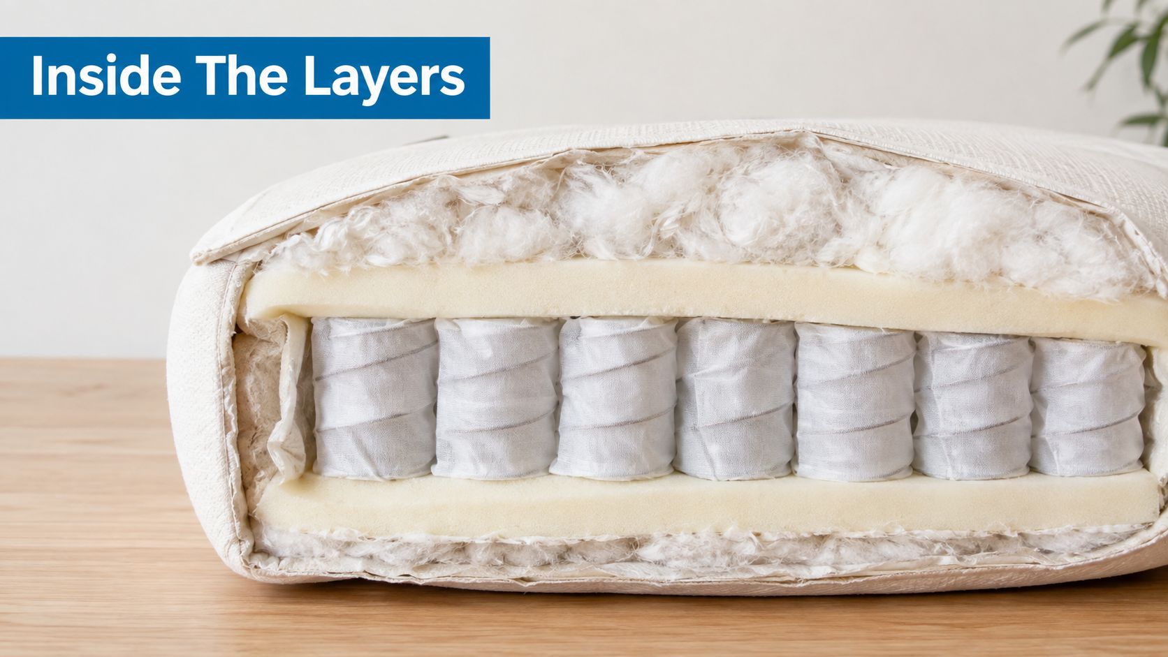A cross-section view of a mattress cushion showing internal foam layers and individual wrapped coil springs.