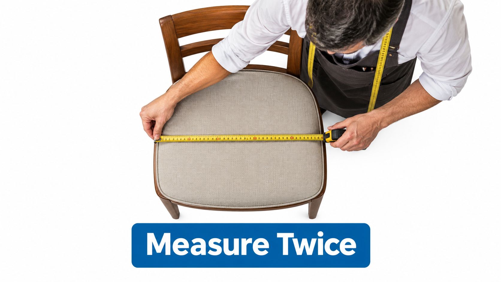 A professional craftsman measuring a chair seat cushion with a yellow tape measure from above.