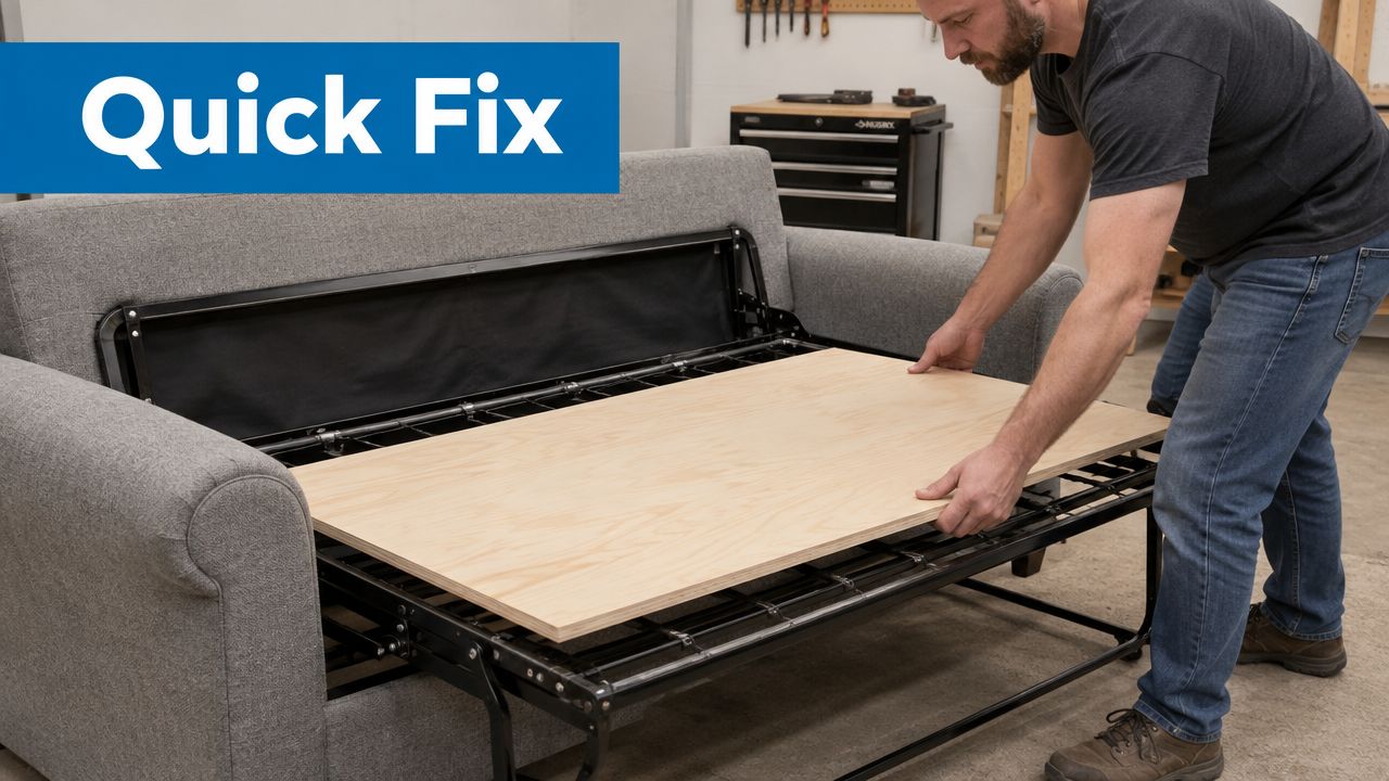 A man placing a wooden board onto the metal frame of a grey sleeper sofa in a workshop.