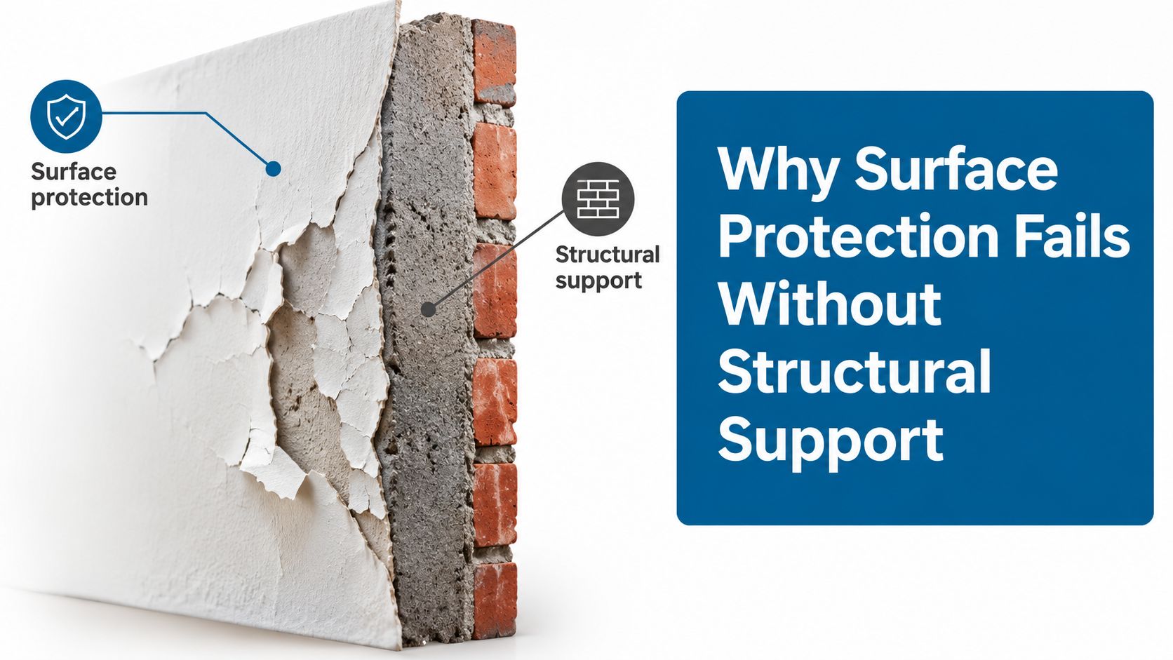 A cross-section illustration showing cracked plaster on a brick wall, demonstrating why surface protection fails without support.