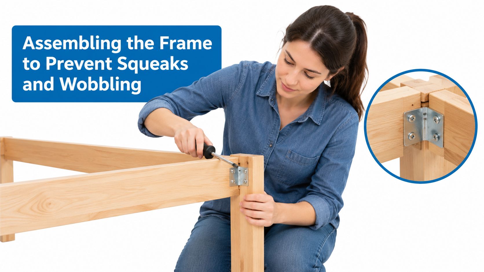 A woman using a screwdriver to assemble a wooden furniture frame to ensure stability and prevent squeaking.