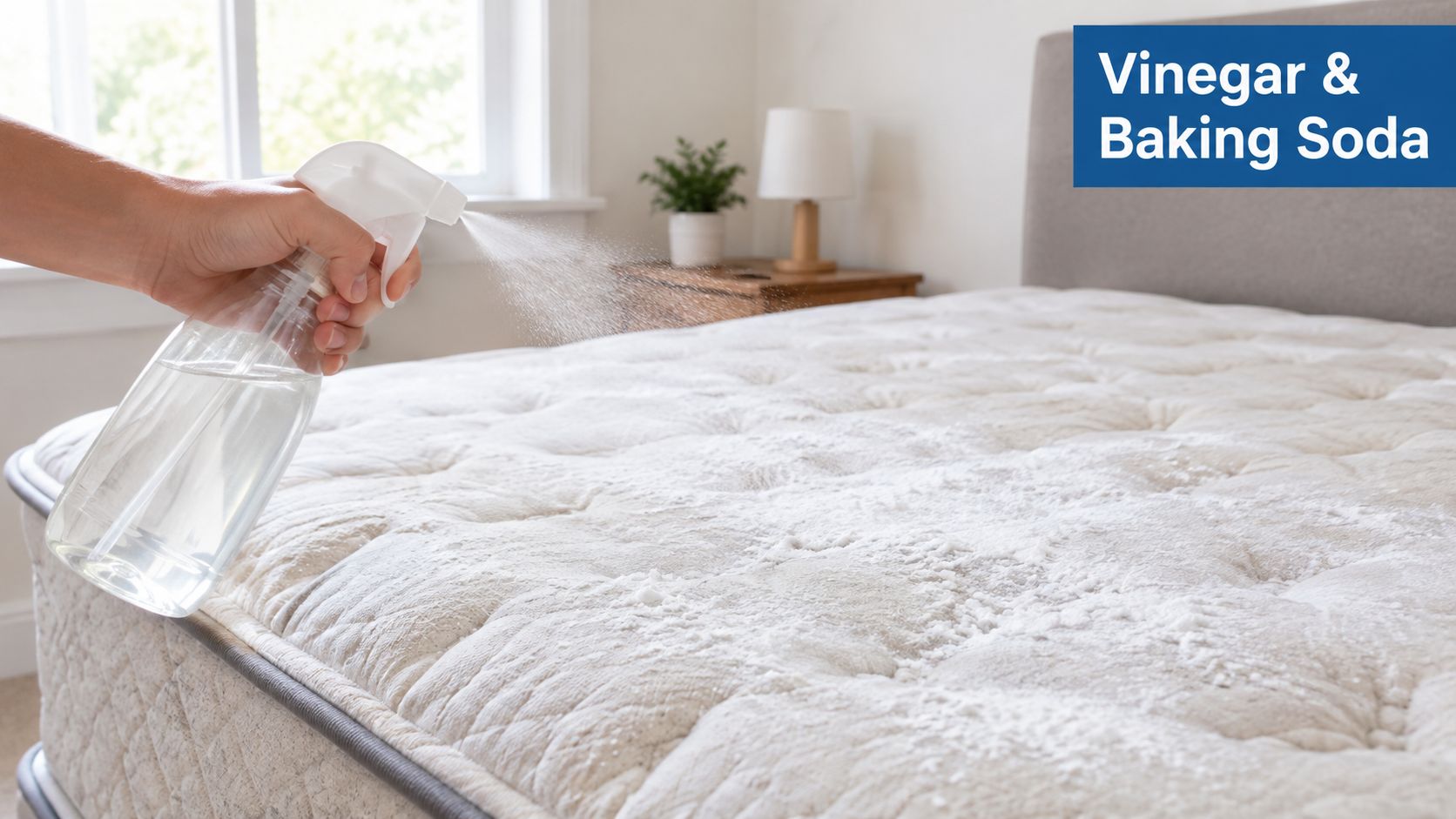 A person using a spray bottle with vinegar solution on baking soda spread across a white mattress.