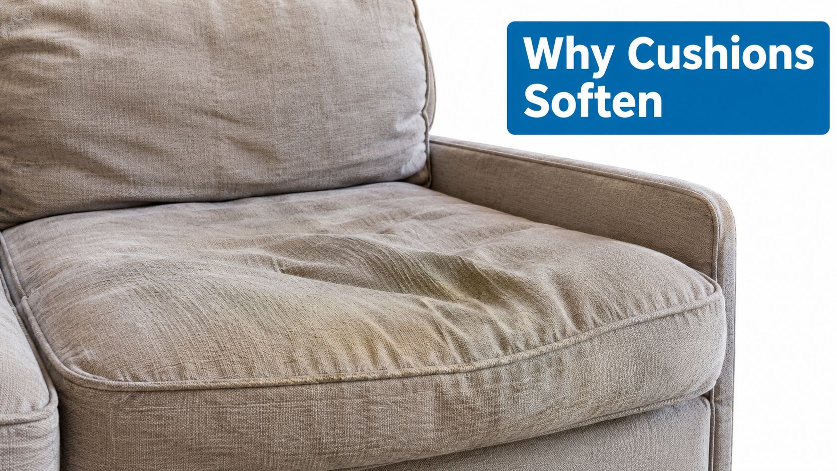 A close up view of a tan upholstered couch cushion showing visible signs of wear and softening.