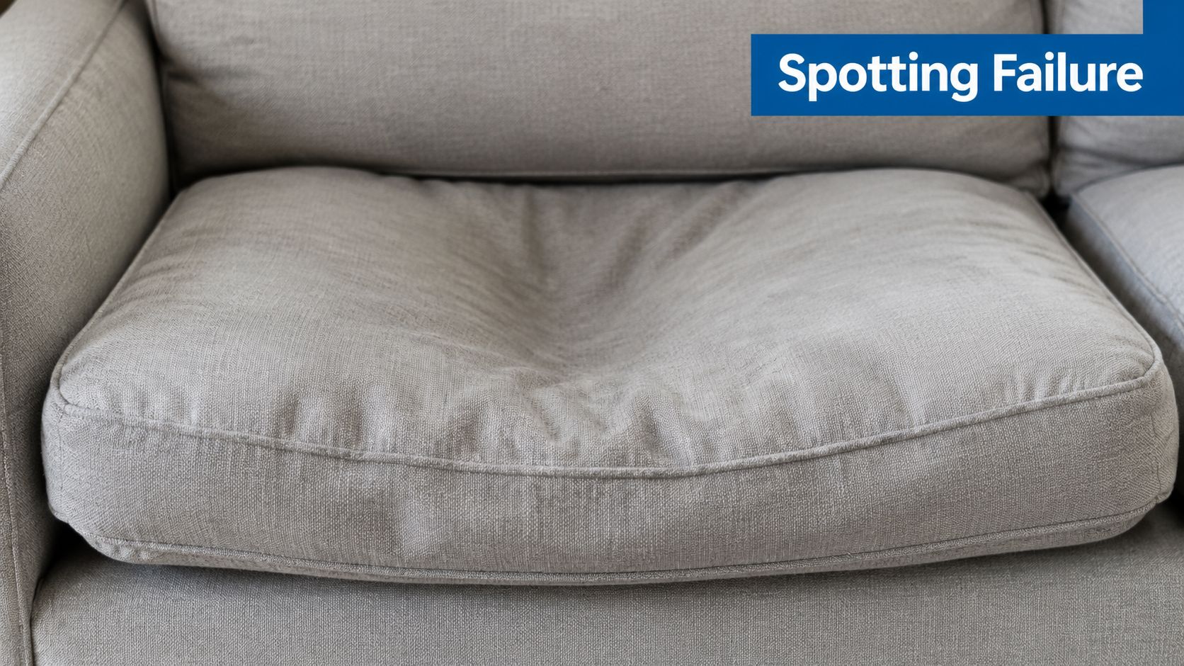 A beige fabric sofa cushion showing significant sagging and loss of shape due to internal foam failure.