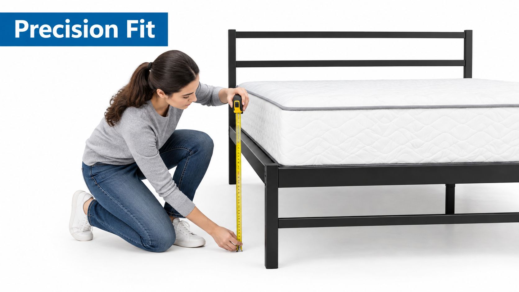 A woman kneeling on the floor measures the height of a queen size metal bed frame.
