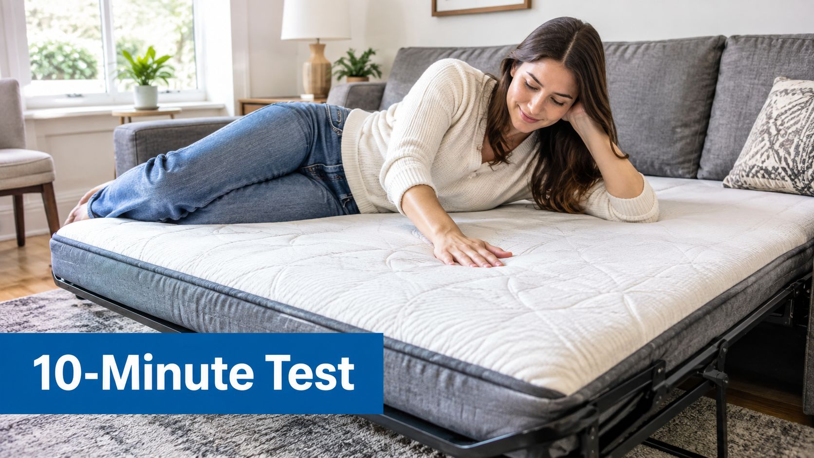 A woman testing the comfort of a sleeper sofa mattress by pressing her hand on it.