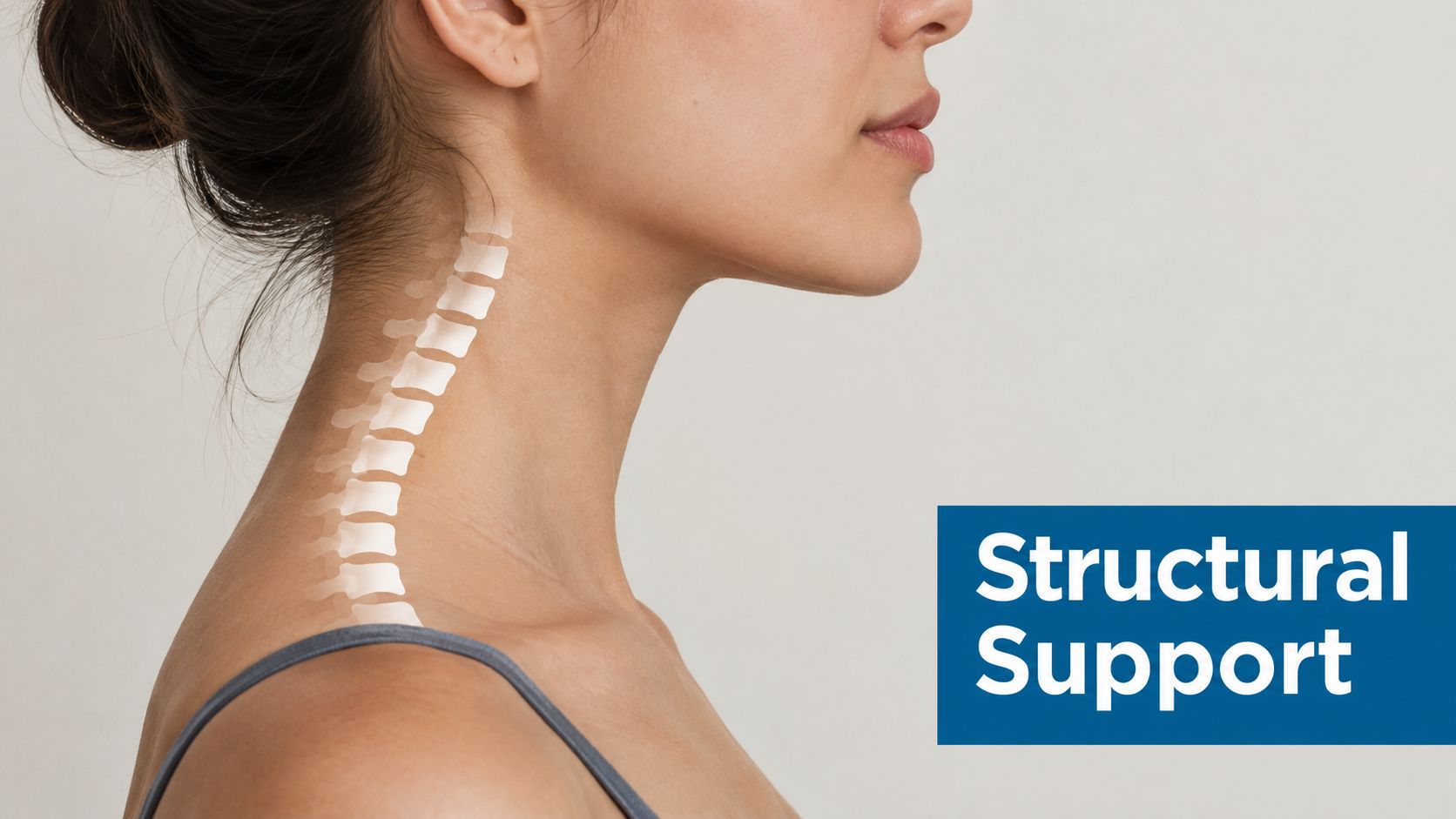 A profile view of a woman's neck showing a digital illustration of the cervical spine vertebrae.