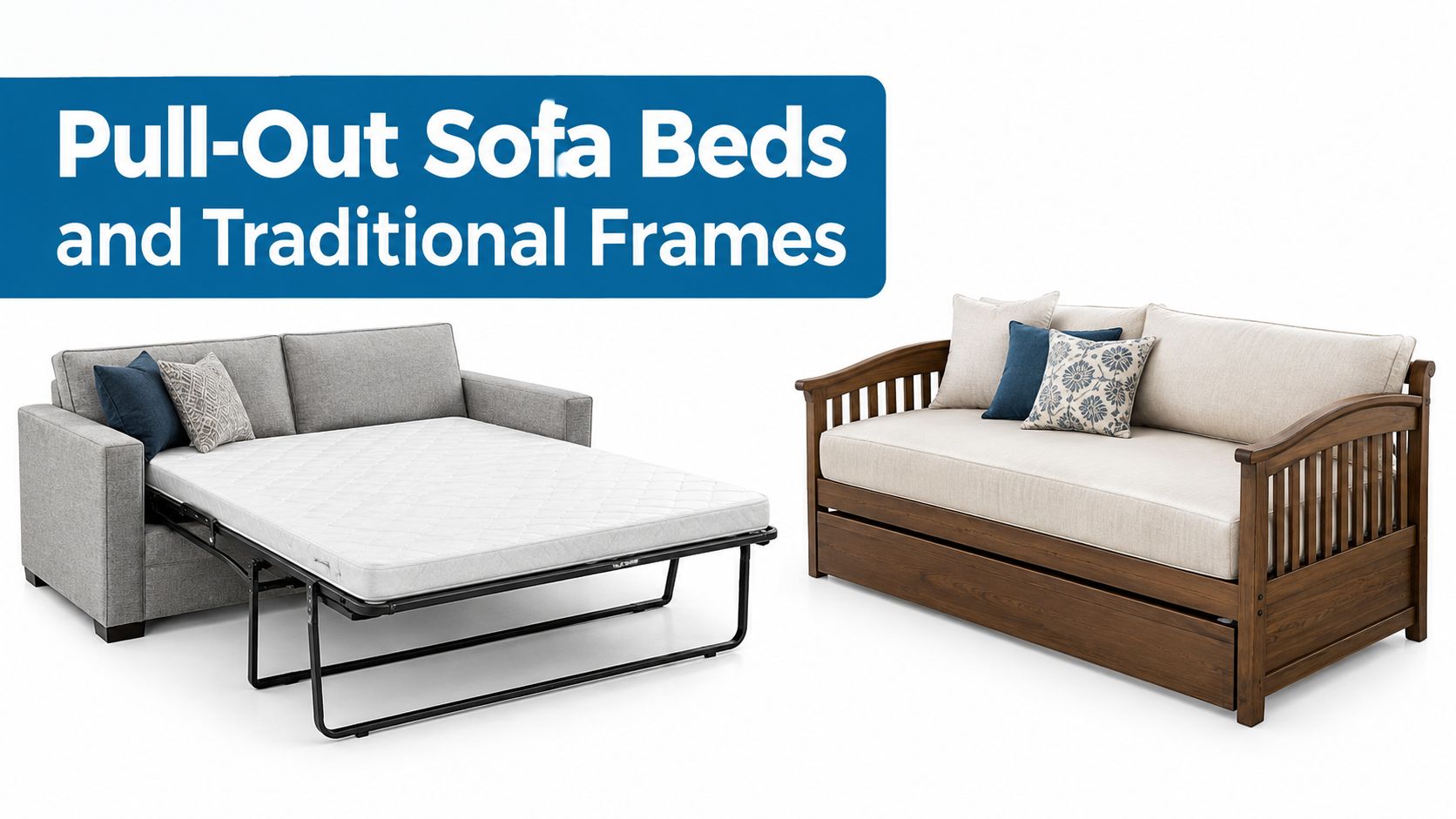 A split image showing a gray modern pull-out sofa bed and a wooden daybed with trundle frame.