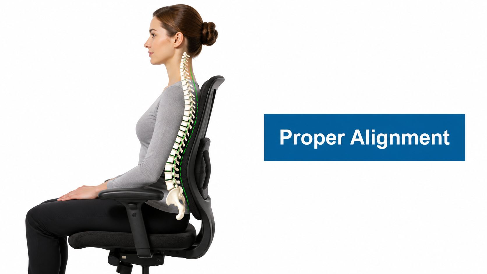 A woman sitting on an ergonomic office chair with a spine illustration showing proper spinal alignment.