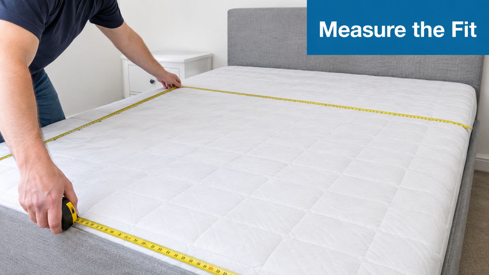 A person using a yellow tape measure to check the dimensions of a mattress pad.