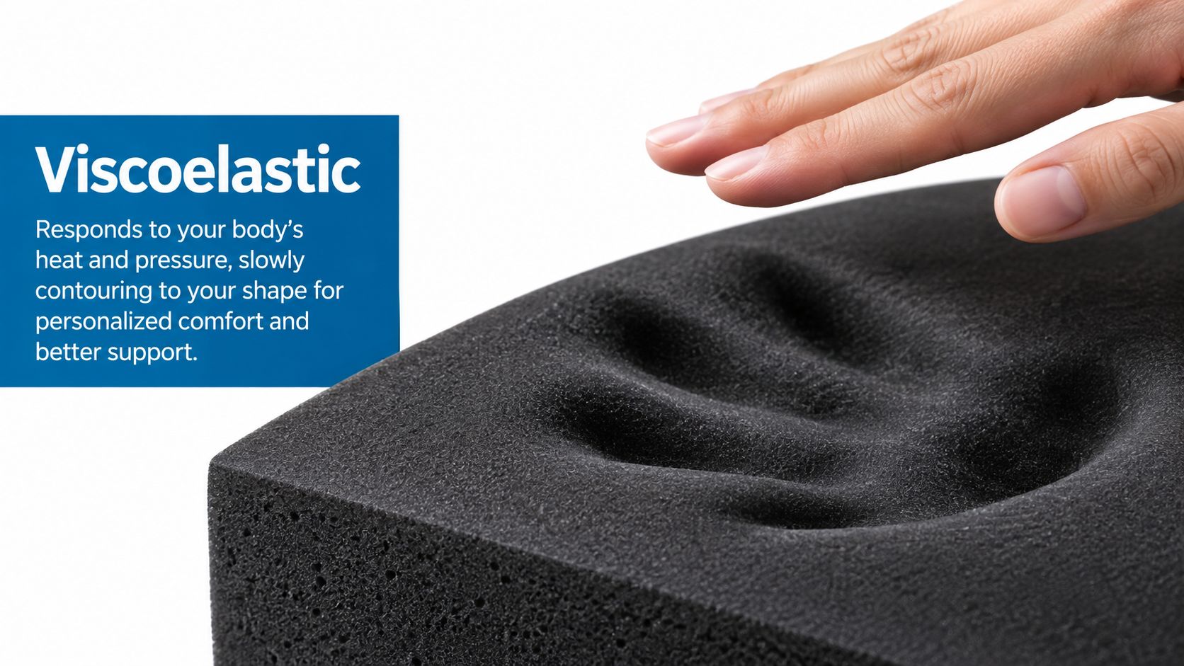 A hand pressing into black memory foam, showing how it contours to shapes for personalized comfort.