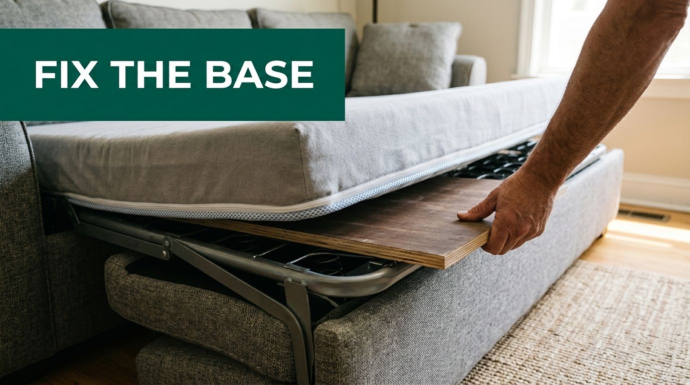 A person placing a wooden support board under a sleeper sofa mattress to improve its comfort.
