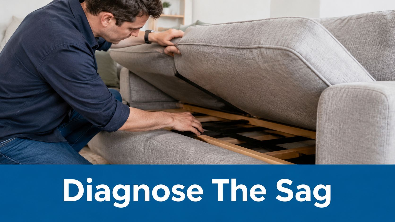 A person inspecting the interior support structure of a couch to diagnose a sagging seating area.