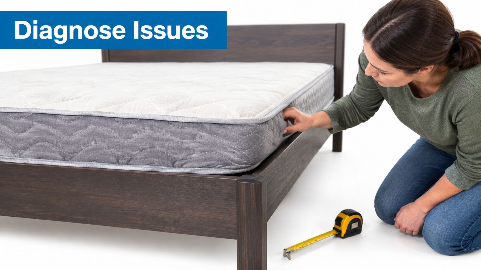 A woman kneeling by a mattress on a wooden bed frame, measuring it with a yellow tape measure.
