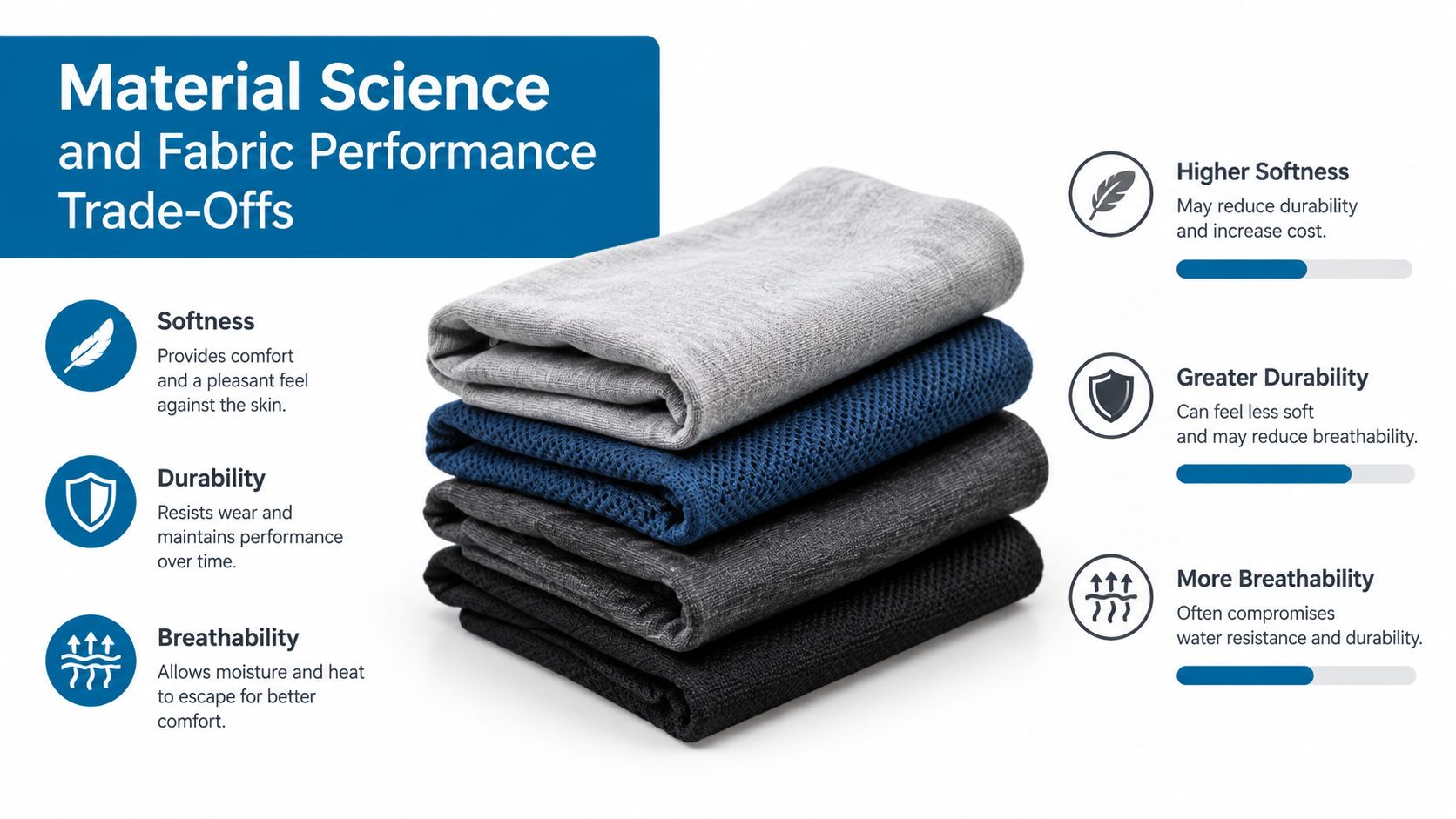 An infographic illustrating trade-offs between softness, durability, and breathability for fabric performance in furniture protector covers.