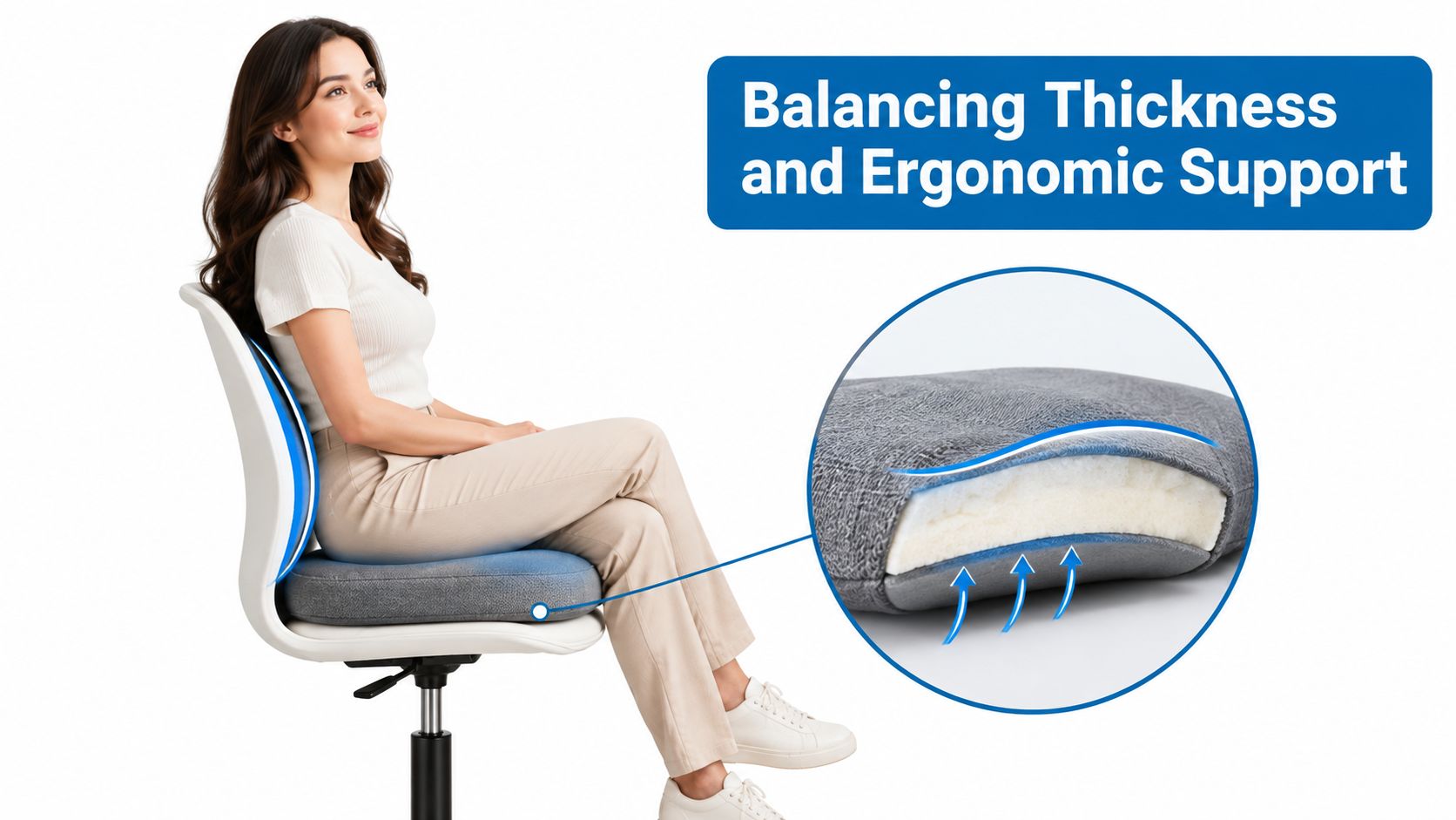 A woman sits on an ergonomic office chair with a memory foam seat cushion for support.