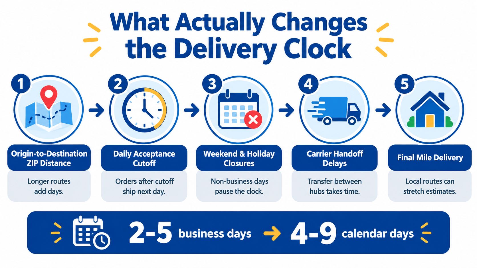 An infographic titled What Actually Changes the Delivery Clock, showing five factors that influence standard shipping timelines.