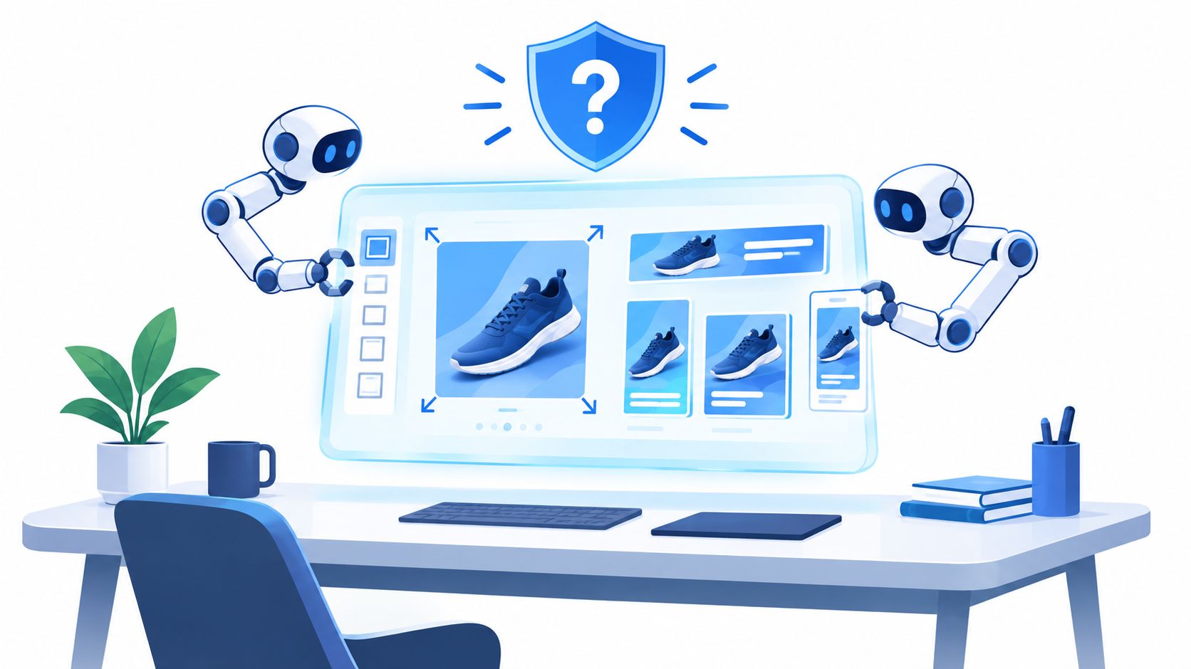 Two robotic arms working together on a digital display showing blue sneaker product ad design layouts.