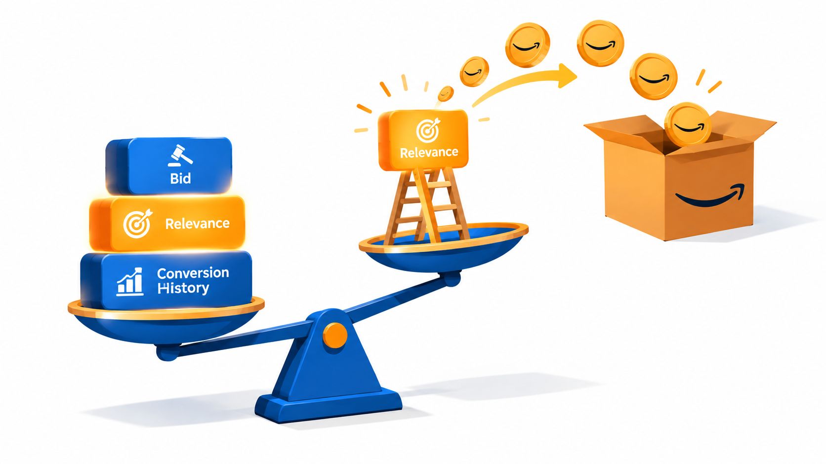 A conceptual illustration showing Amazon advertising factors of bid, relevance, and conversion history balancing against currency coins.
