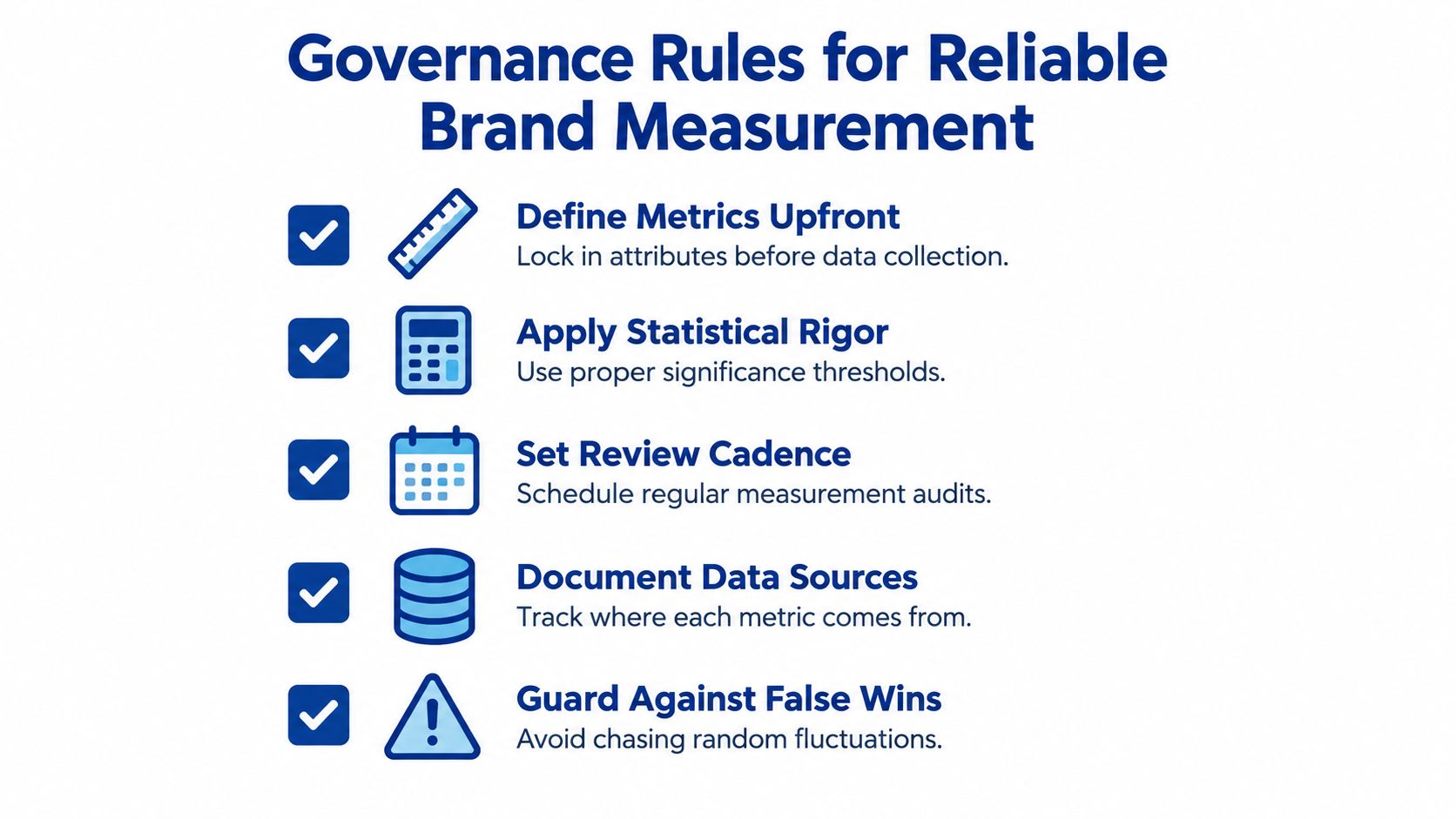 A checklist infographic titled Governance Rules for Reliable Brand Measurement featuring five essential principles for accurate reporting.