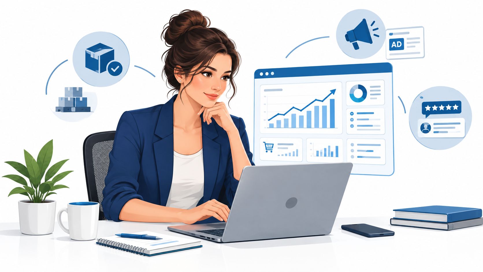A professional woman working on a laptop while managing data, product shipping, and marketing analytics.