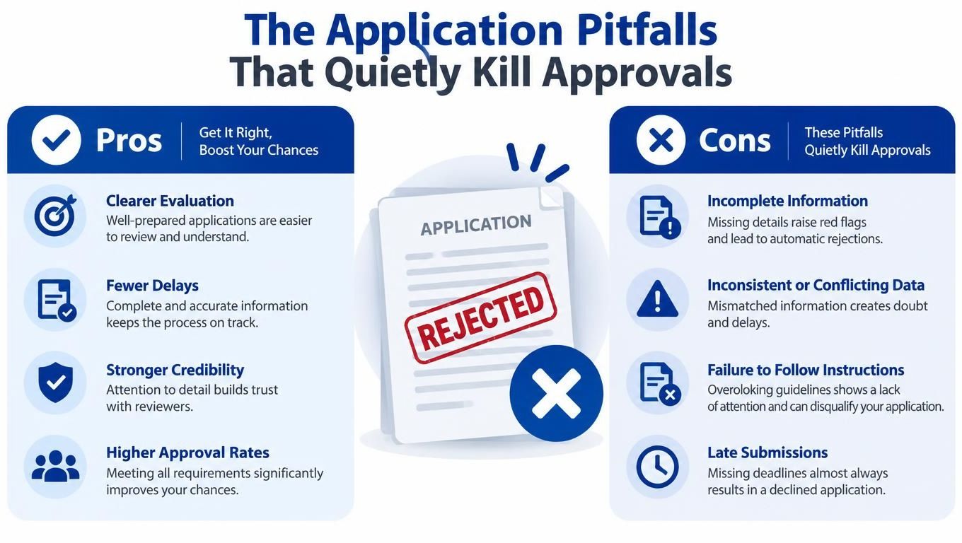 A comparison chart showing the pros of well-prepared applications versus the cons that cause rejected applications.