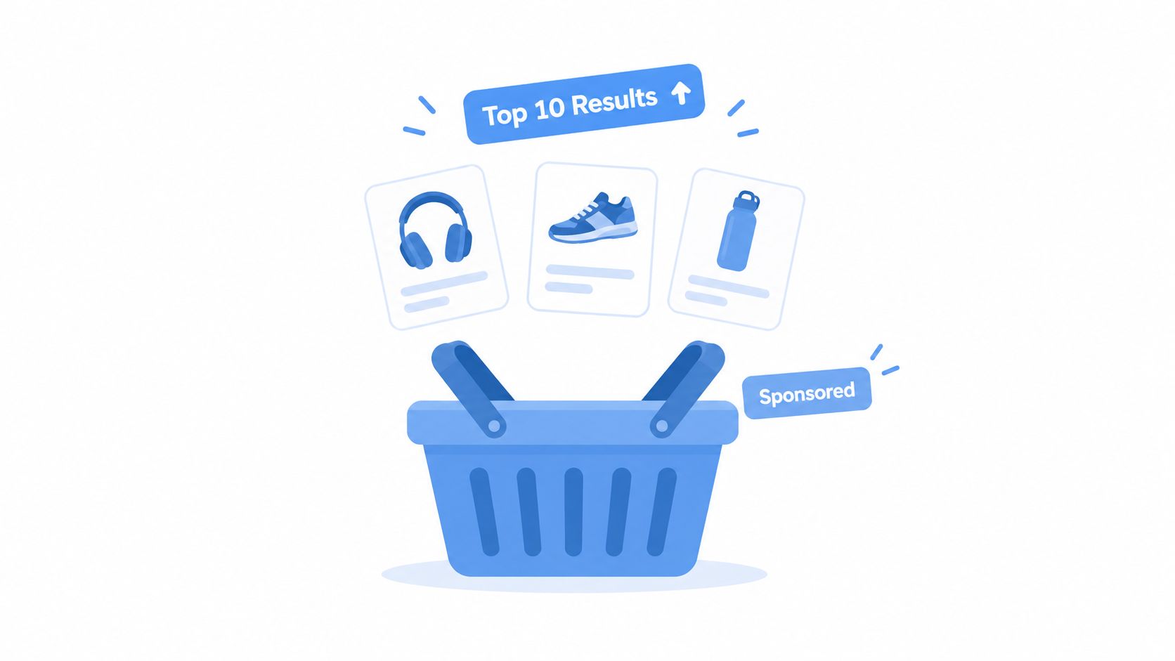 A flat illustration of a blue shopping basket with floating icons of headphones, sneakers, and a water bottle.