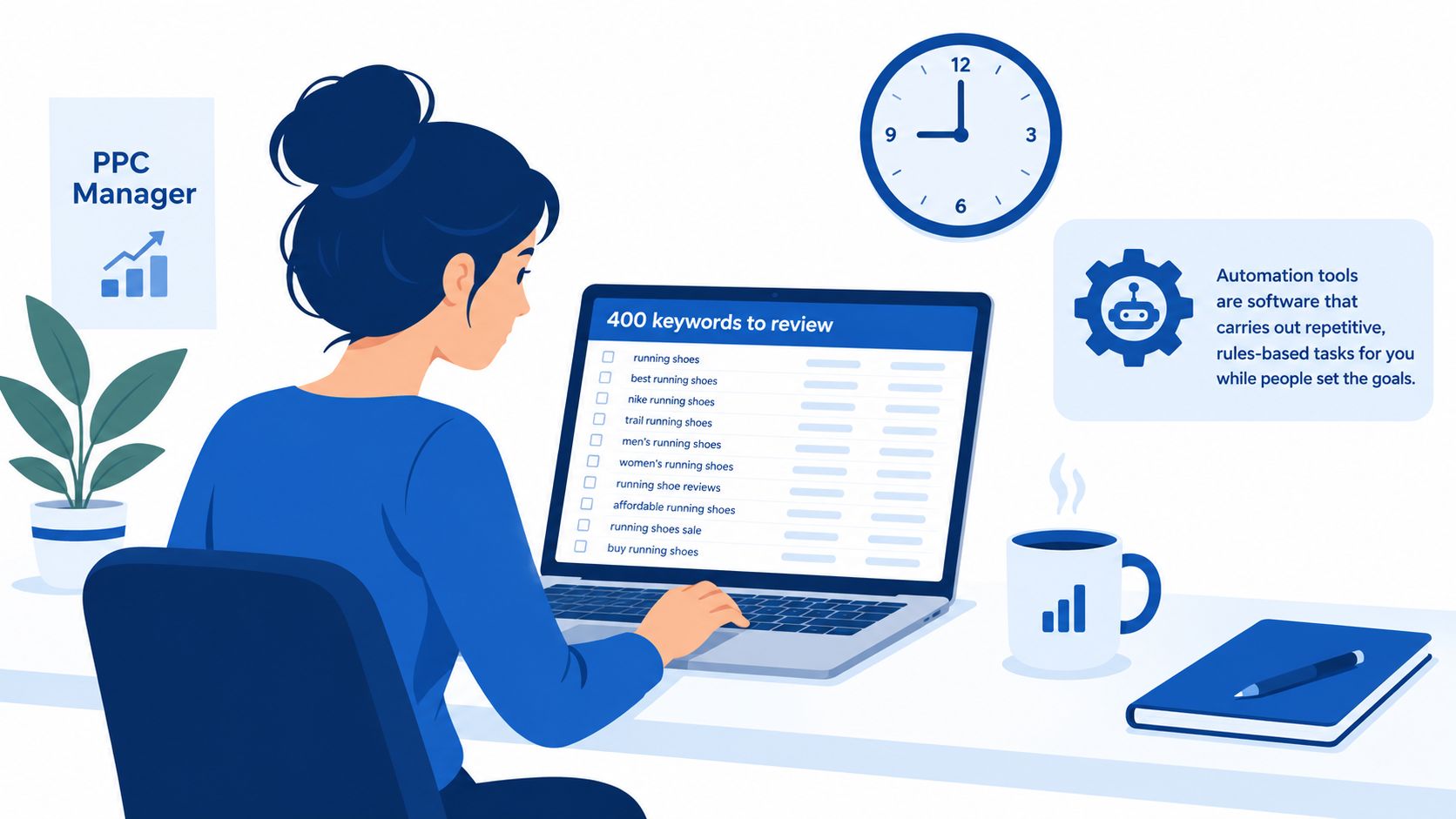 A PPC manager working on a laptop to review keyword lists while using automation tools for marketing.