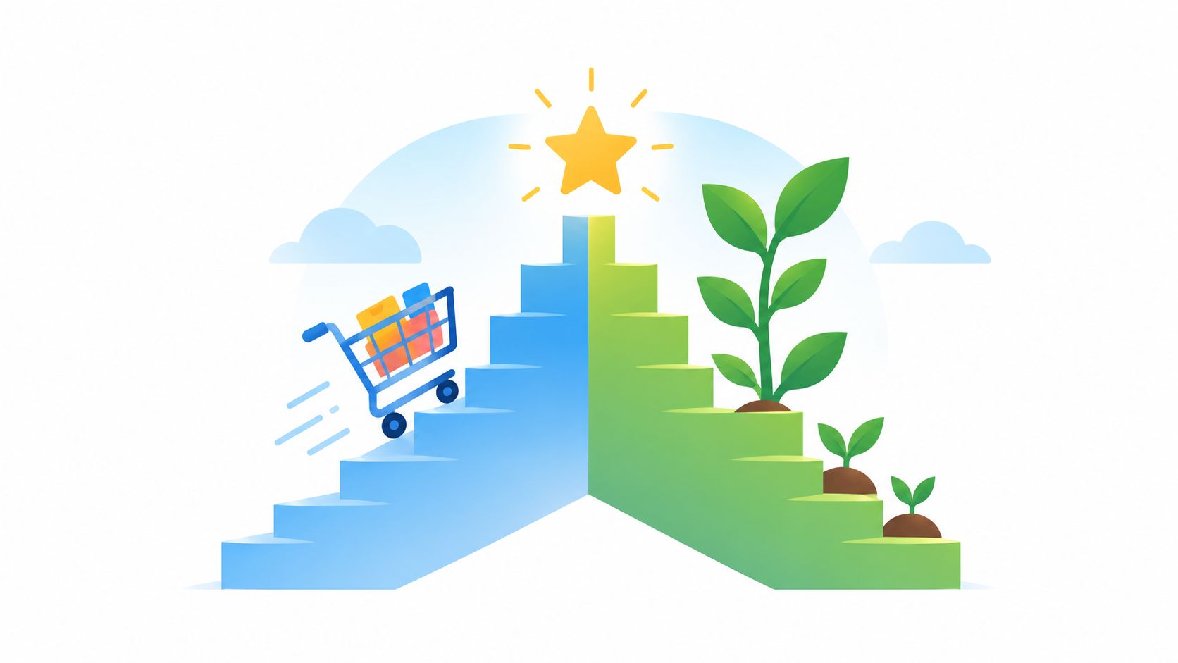 A conceptual illustration showing a shopping cart ascending blue stairs and a growing plant on green stairs.