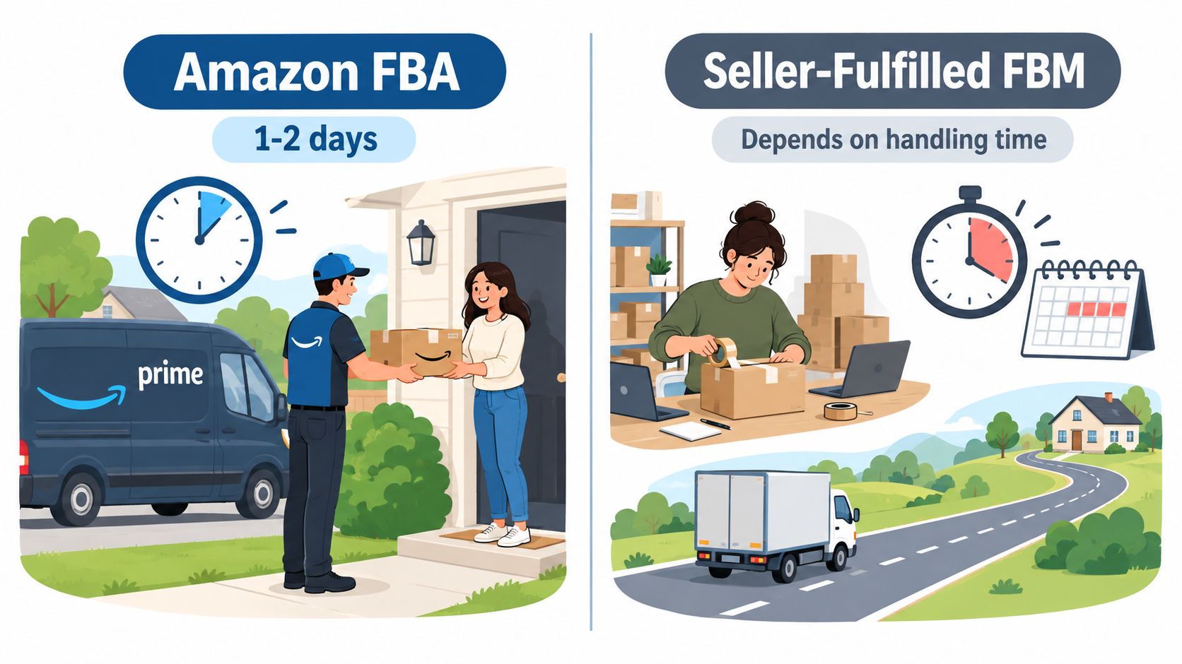 A split illustration comparing Amazon FBA fast delivery and Seller-Fulfilled FBM standard shipping processing times.
