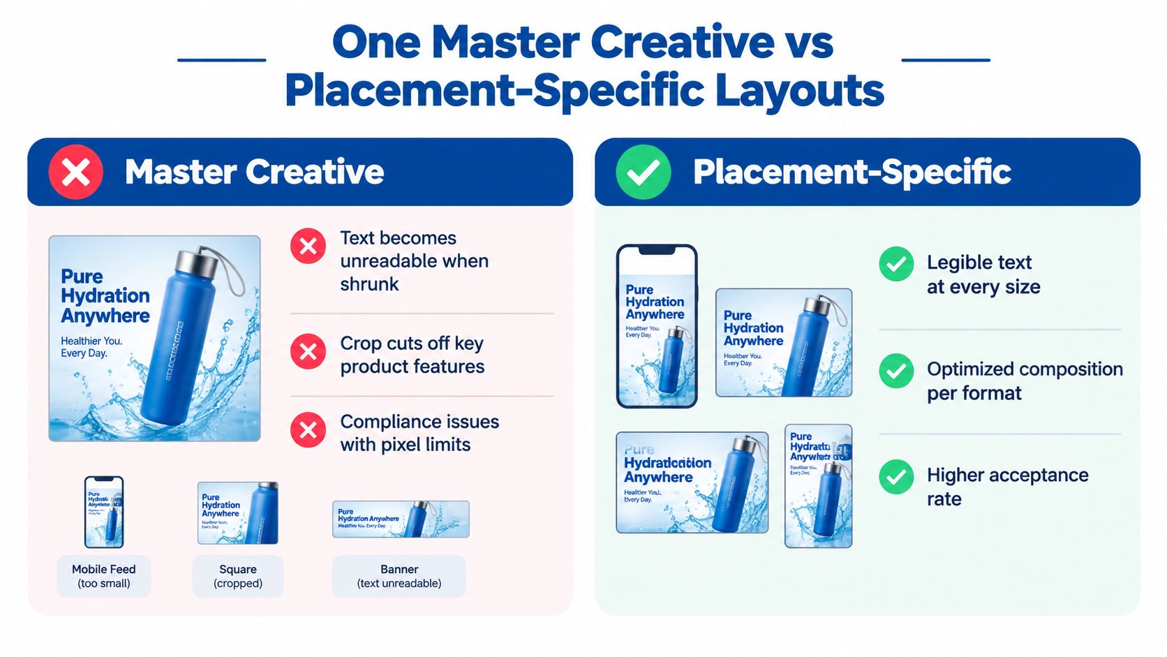 A comparison infographic showing why placement-specific ad layouts perform better than using one master creative asset.