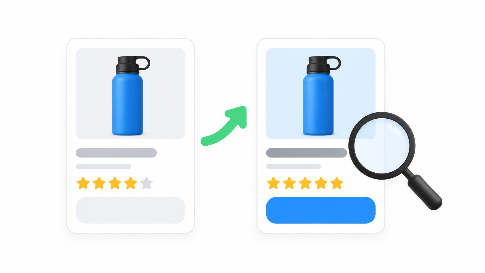 A 3D illustration showing a water bottle product listing being optimized and analyzed with a magnifying glass.