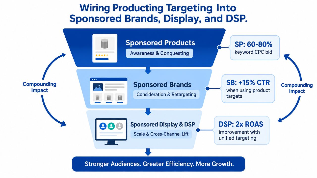 A funnel diagram explaining the compounding impact of Amazon product targeting across Sponsored Products, Sponsored Brands, and DSP.