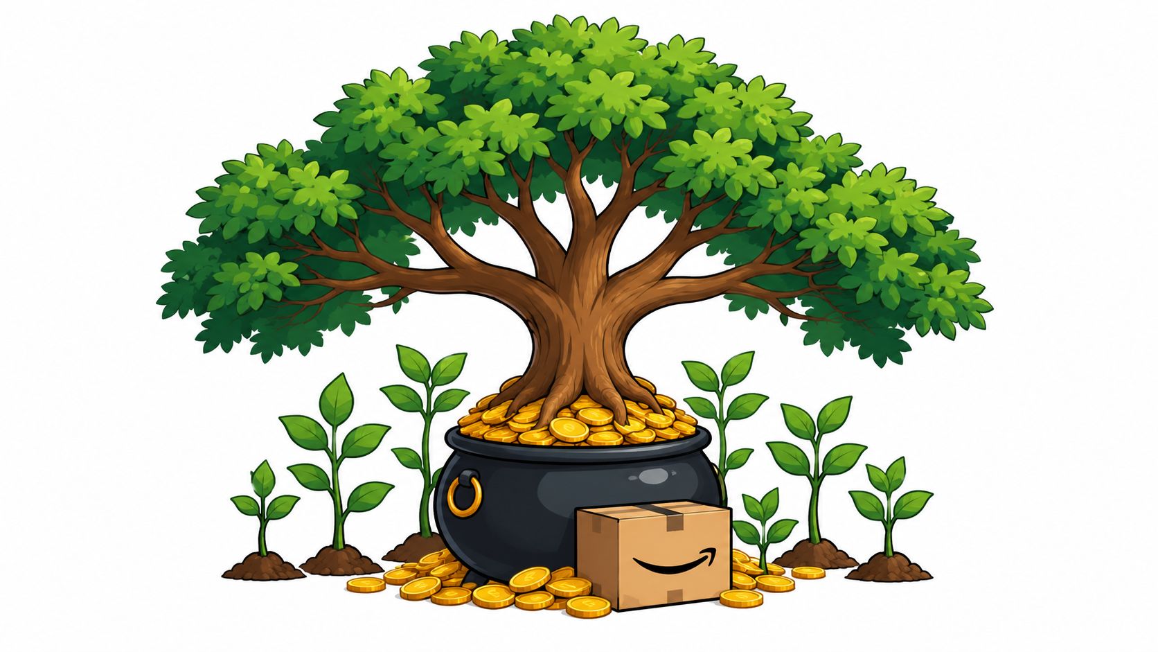 A money tree growing from a pot of gold coins beside an Amazon branded cardboard delivery box.