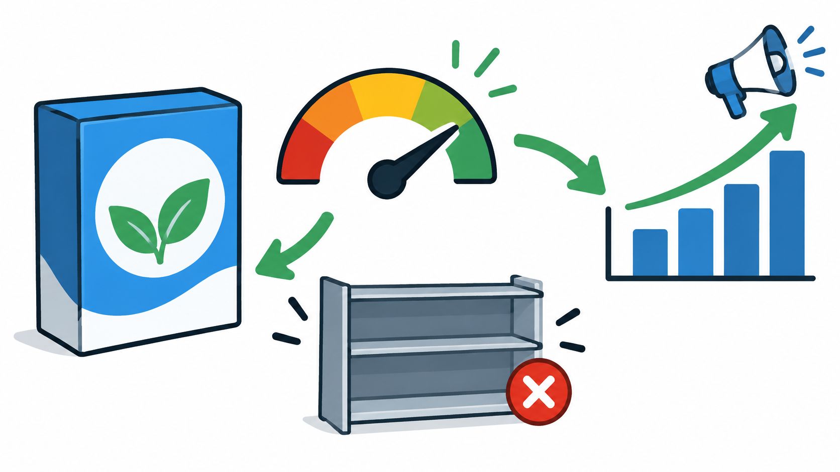 An illustration showing a product box, a speedometer gauge, a shelf, and an upward trending sales chart.