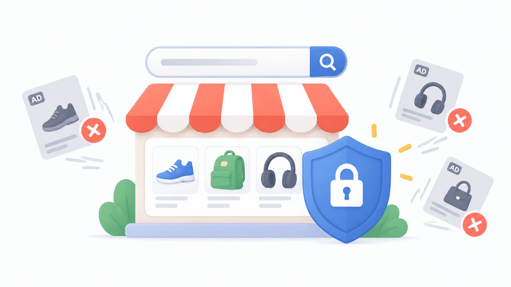 A 3D illustration of an online store blocked by a security shield, surrounded by rejected ad icons.